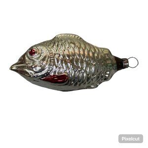 Vtg Germany Mercury Glass Fish Christmas Ornament Silver & Red Hand-Painted 3.5"